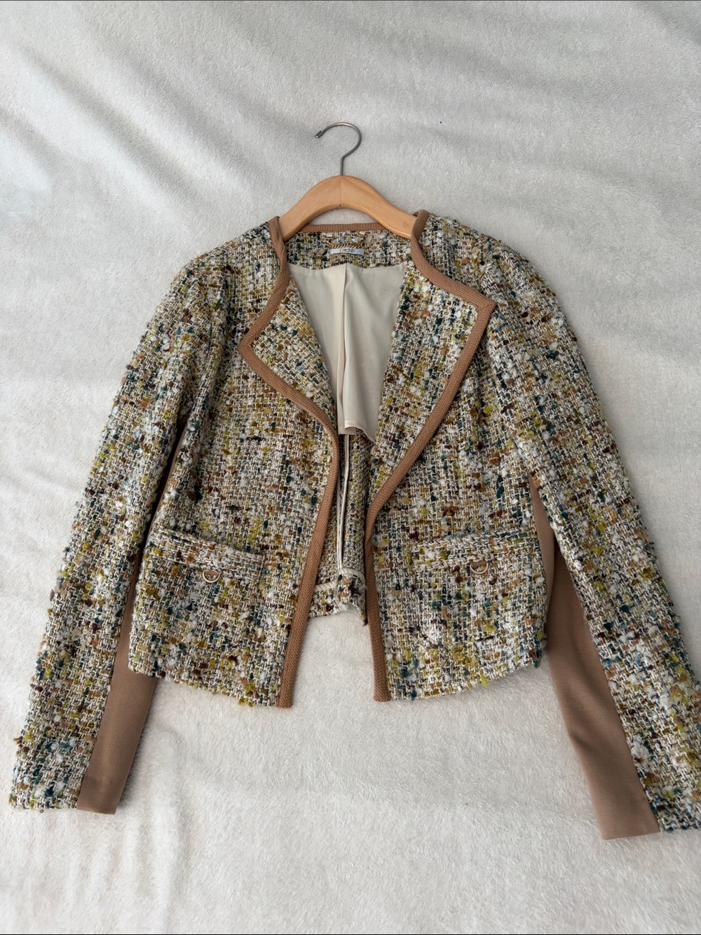 Cache Multicolor Tweed Crop Blazer with Tan Trim